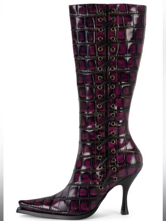 Jeffrey Campbell Shoes - Jeffrey Campbell STUNNA Lace-Up Knee Boot in Raspberry Black Croco